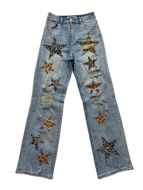 Lizette Collection Leopard Star Rhinestone Distressed Flare Jeans Light Wash M